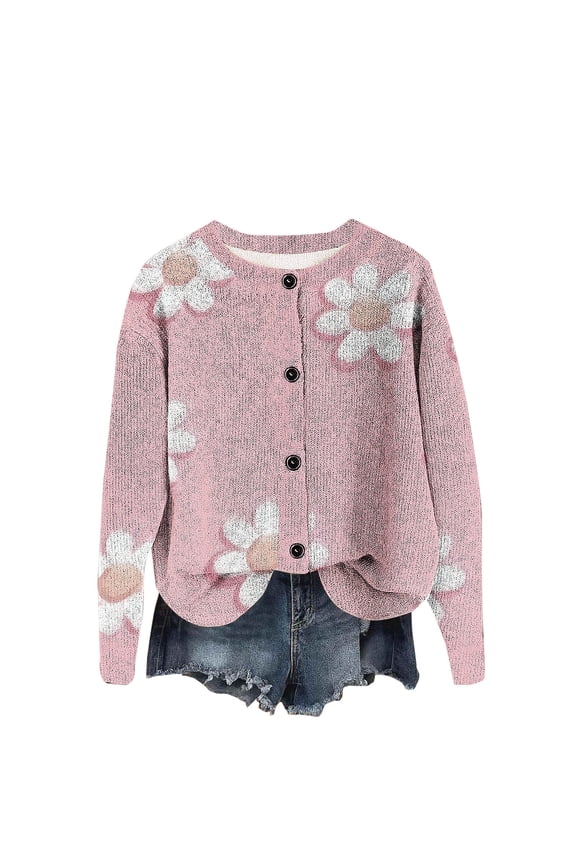 Women's Cardigans Casual Long Sleeve V-Neck Button Down Floral Sweaters Open Front Knit Outerwear Pink M