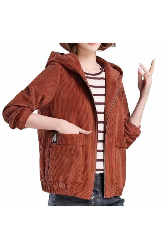 Women's Casual Corduroy Hooded Long Sleeve Zip Up Jacket Loose Shacket Coat Winter Warm Fashion Outerwear With Pocket Brown S