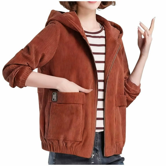 Sexlip Women's Casual Corduroy Hooded Long Sleeve Zip Up Jacket Loose Shacket Coat Winter Warm Fashion Outerwear With Pocket Brown XXL