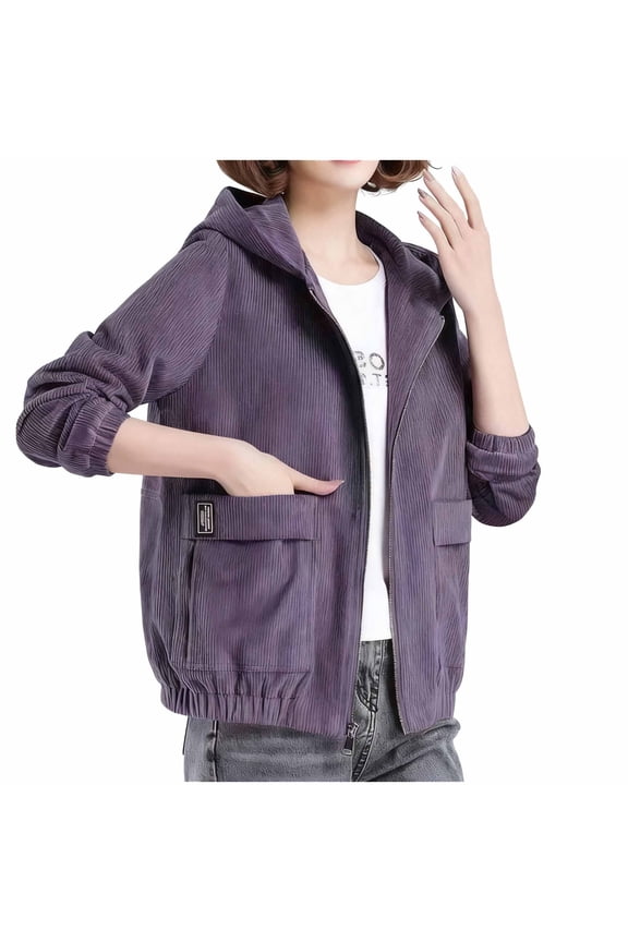 Women's Casual Corduroy Hooded Long Sleeve Zip Up Jacket Loose Shacket Coat Winter Warm Fashion Outerwear With Pocket Purple S
