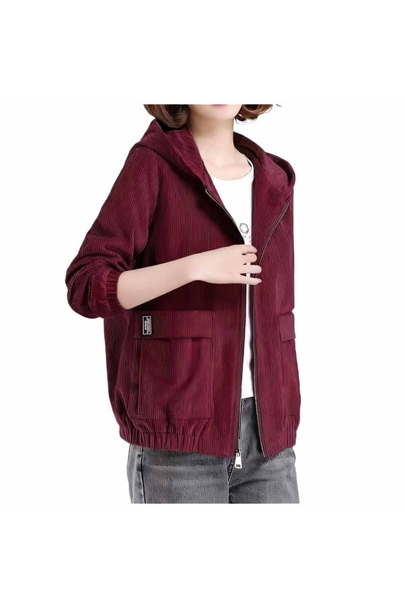 Women's Casual Corduroy Hooded Long Sleeve Zip Up Jacket Loose Shacket Coat Winter Warm Fashion Outerwear With Pocket Red S