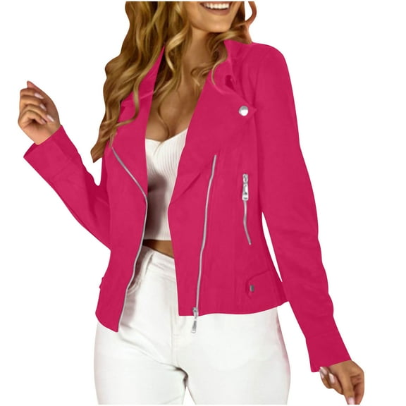 Sexlip Women's Casual Fashion Jackets Suede Spring Trendy Outfits Fall Zip Up Cropped Moto Jakcet Outerwear Red M