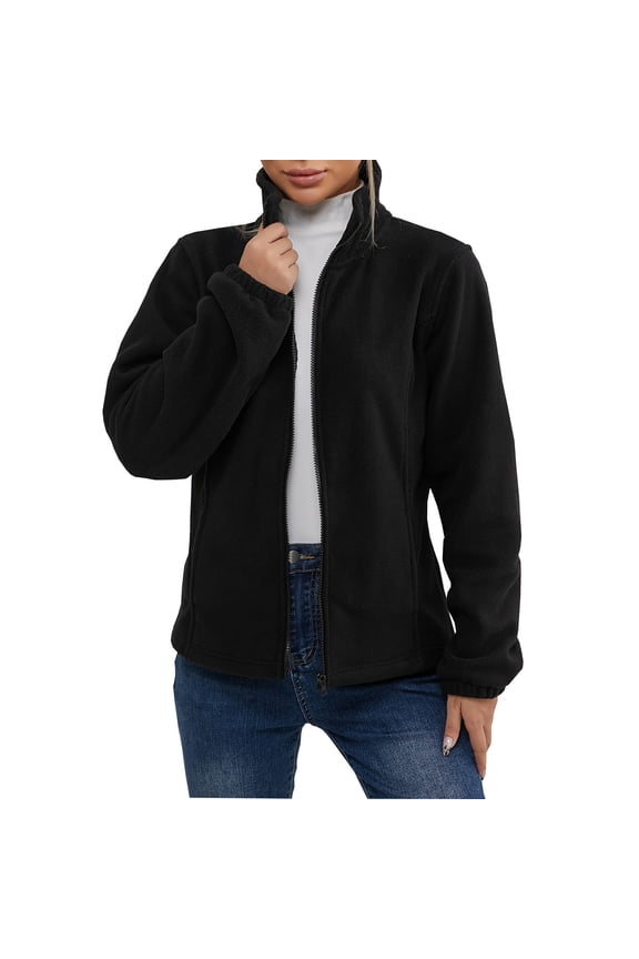 Women's Casual Full Zip Pullover Polar Fleece Sweatshirts Lightweight Stand-Collar Jacket Warm Tops Black L