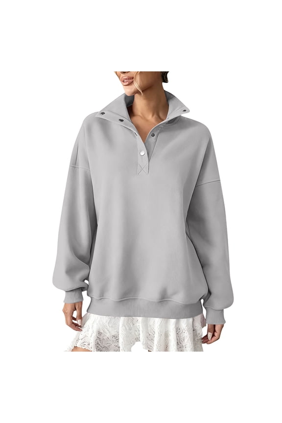 Women's Casual Loose Long Sleeve Button Lapel Sweatshirt Soft Fabric Stylish Design Comfortable Fit Perfect for Daily Wear Travel School Outdoor Activities Gray XL