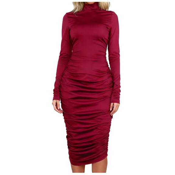 Sexlip Women's Casual Ruched Basic Pencil Dress Tight Crewneck Long Sleeve Cocktail Bodycon Midi Dress Club wear Party Outfits Red XS