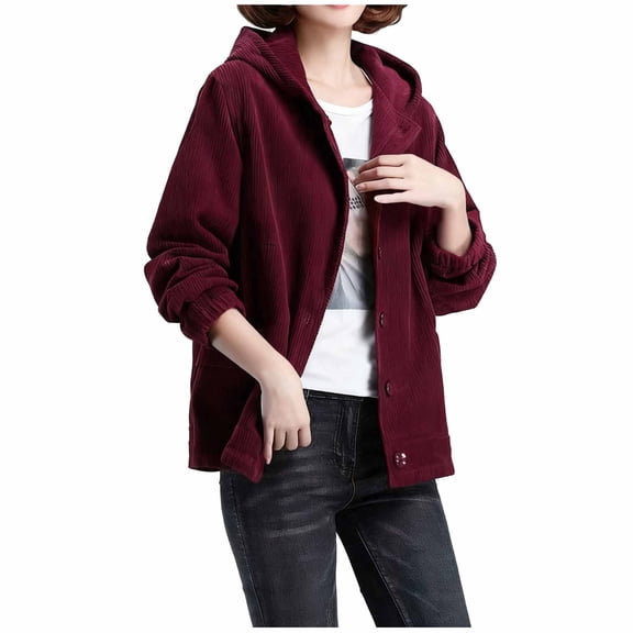 Sexlip Women's Corduroy Jacket with Hood Long Sleeve Shacket Button Down Casual Coats Tops Fall Winter Outerwear with Pockets Red XL