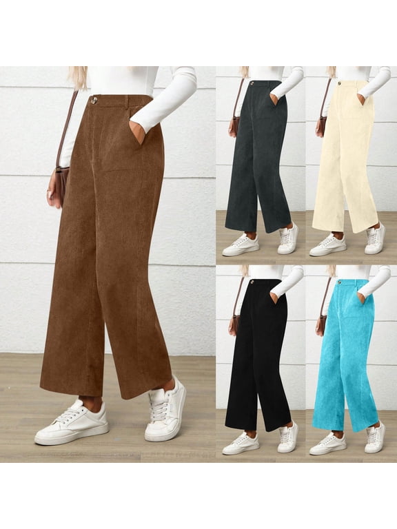 Women's Corduroy Wide Leg Baggy Pants Casual Split Low Waist Long Fall Trousers with Pockets Beige L