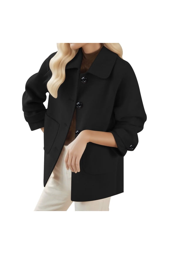Women's Cropped Pea Coats Casual Lapel Collar Button Down Short Jacket Long Sleeve Wool Blend Coat with Side Pockets Black XXL