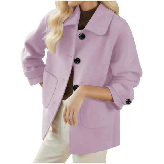 Sexlip Women's Cropped Pea Coats Casual Lapel Collar Button Down Short Jacket Long Sleeve Wool Blend Coat with Side Pockets Pink M