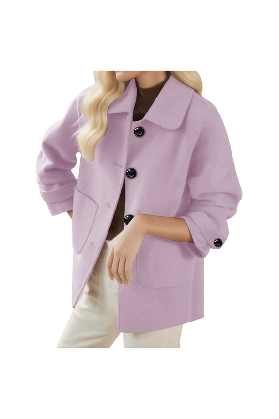 Women's Cropped Pea Coats Casual Lapel Collar Button Down Short Jacket Long Sleeve Wool Blend Coat with Side Pockets Pink XL