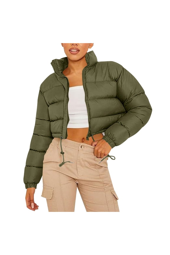 Women's Cropped Puffer Jacket Winter Warm Zip Up Stand Collar Short Down Bubble Coat with Pocket Green S