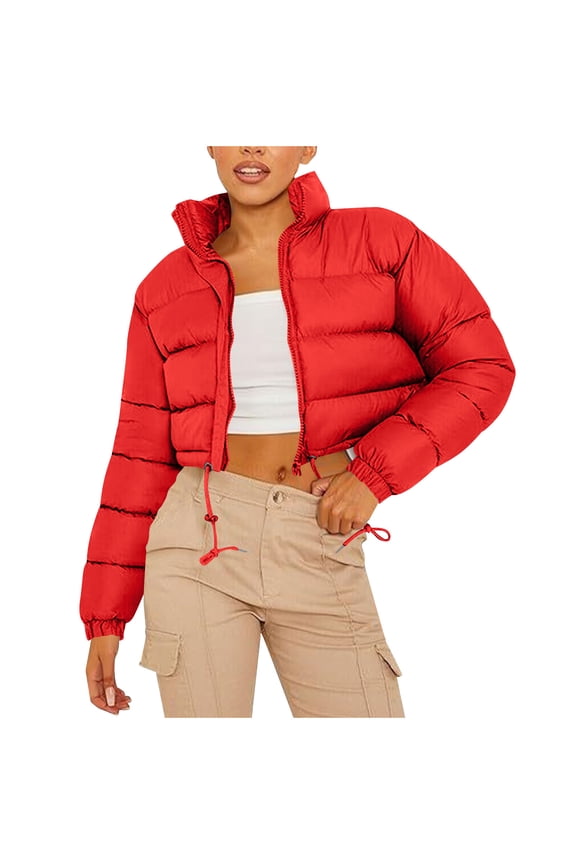 Women's Cropped Puffer Jacket Winter Warm Zip Up Stand Collar Short Down Bubble Coat with Pocket Red S