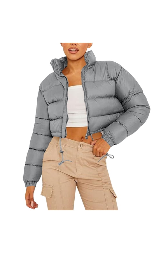 Women's Cropped Puffer Jacket Winter Warm Zip Up Stand Collar Short Down Bubble Coat with Pocket Silver S