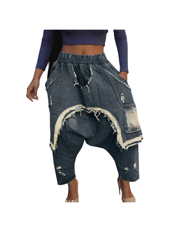 Women's Denim Harem Pants Patchwork Ripped Jeans Elastic Waist Loose Stretchy Trendy Barrel Jeans with Pockets Blue XL