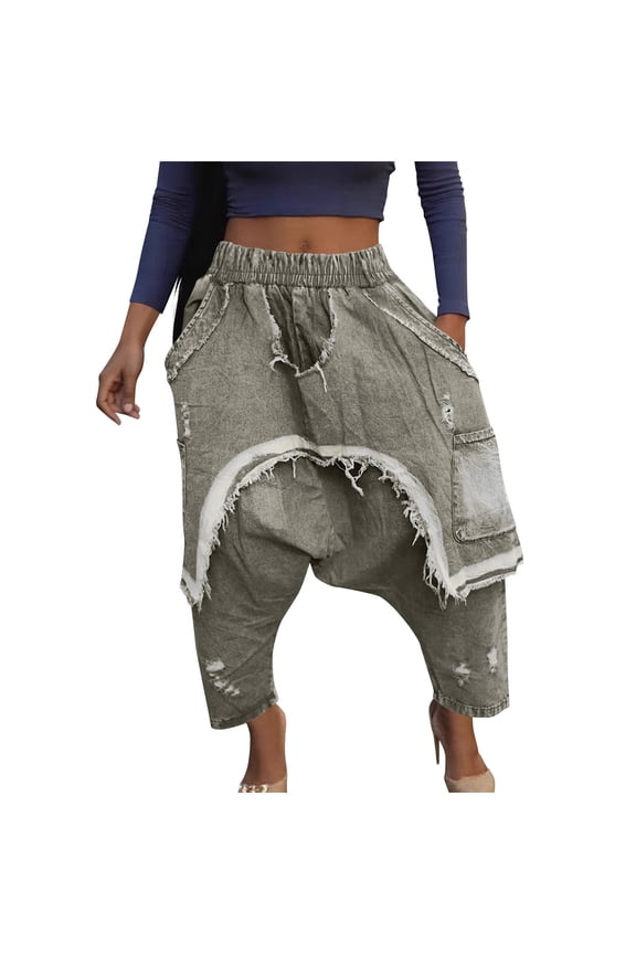 Women's Denim Harem Pants Patchwork Ripped Jeans Elastic Waist Loose Stretchy Trendy Barrel Jeans with Pockets Gray L