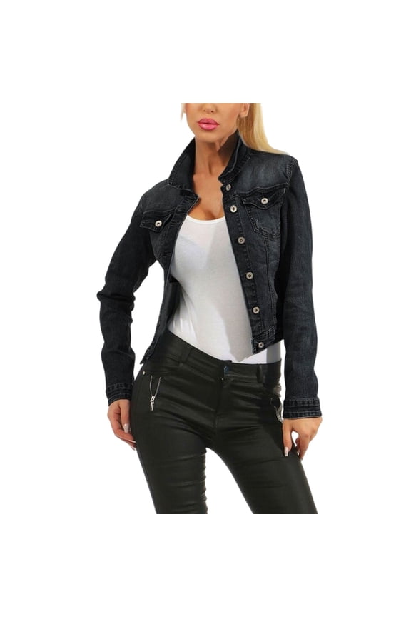 Women's Denim Jackets Cropped Long Sleeve Basic Button Down Crop Jean Shacket with Pockets Black S