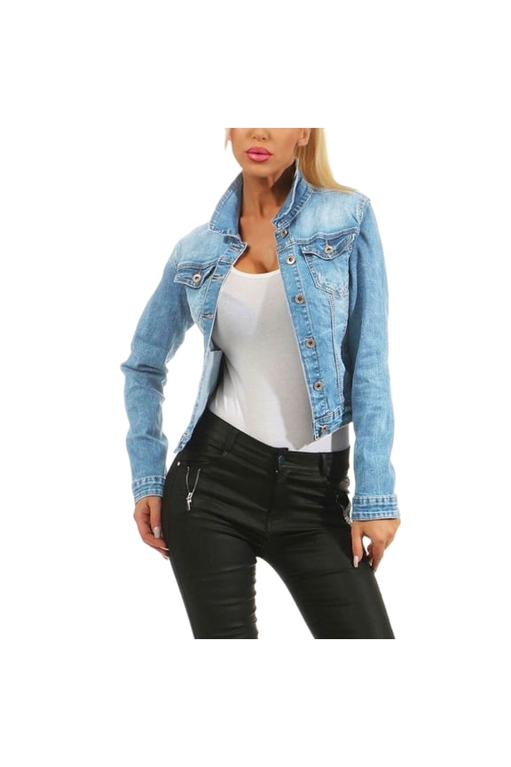 Women's Denim Jackets Cropped Long Sleeve Basic Button Down Crop Jean Shacket with Pockets Blue L
