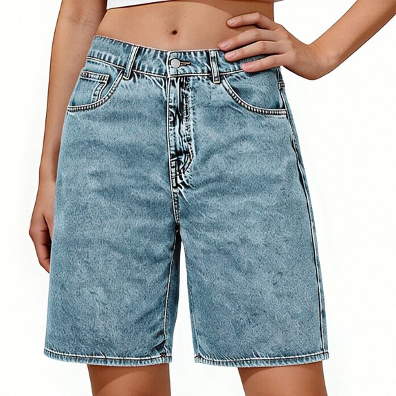 Sexlip Women's Denim Knee Length Shorts Button Fly Casual Summer Bottoms with Pockets Blue L