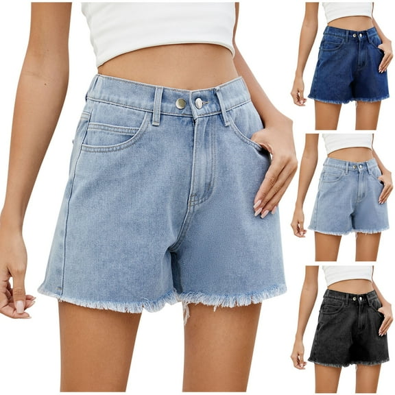 Sexlip Women's Denim Shorts Distressed Hem High Waist Durable Fabric Relaxed Cut Street Vacation Daily Outfit Blue L