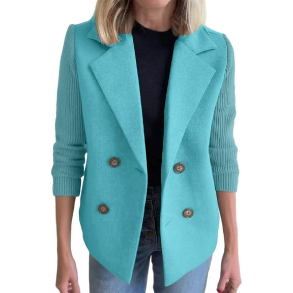 Sexlip Women's Double Breasted Wool Pea Coat Notched Lapel Ribbed Knit Long Sleeve Sweater Short Blazer Jacket Blue XXXXXL
