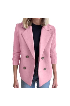 Women's Double Breasted Wool Pea Coat Notched Lapel Ribbed Knit Long Sleeve Sweater Short Blazer Jacket Pink XXL