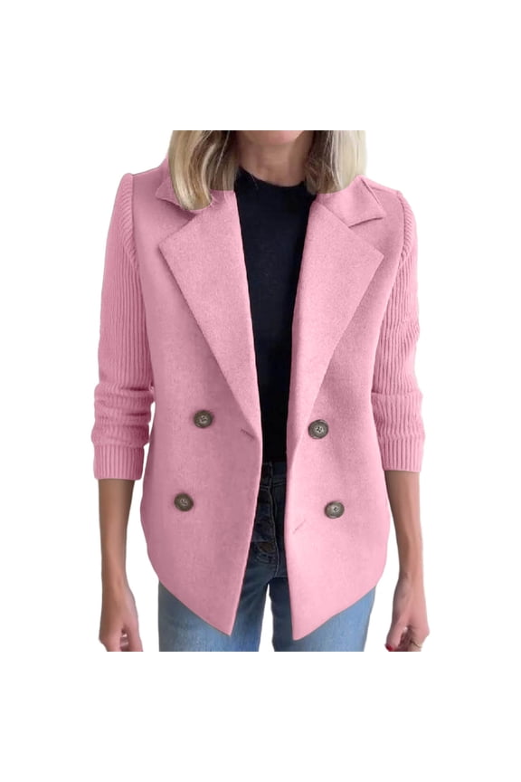 Women's Double Breasted Wool Pea Coat Notched Lapel Ribbed Knit Long Sleeve Sweater Short Blazer Jacket Pink XXL