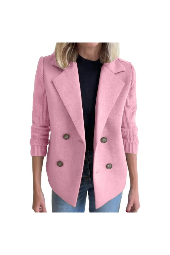 Women's Double Breasted Wool Pea Coat Notched Lapel Ribbed Knit Long Sleeve Sweater Short Blazer Jacket Pink XXXXXL
