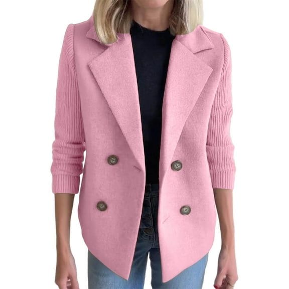 Sexlip Women's Double Breasted Wool Pea Coat Notched Lapel Ribbed Knit Long Sleeve Sweater Short Blazer Jacket Pink XXXXXL