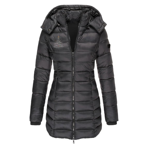 Sexlip Women's Down Jacket Windproof Puffer Coat Trendy Letter Print Warm Parka Long Puffy Jacket with Detachable Hood Black S