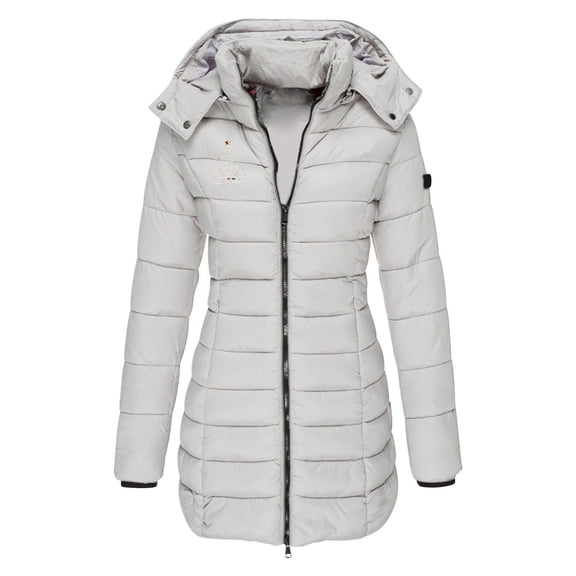 Sexlip Women's Down Jacket Windproof Puffer Coat Trendy Letter Print Warm Parka Long Puffy Jacket with Detachable Hood Gray L