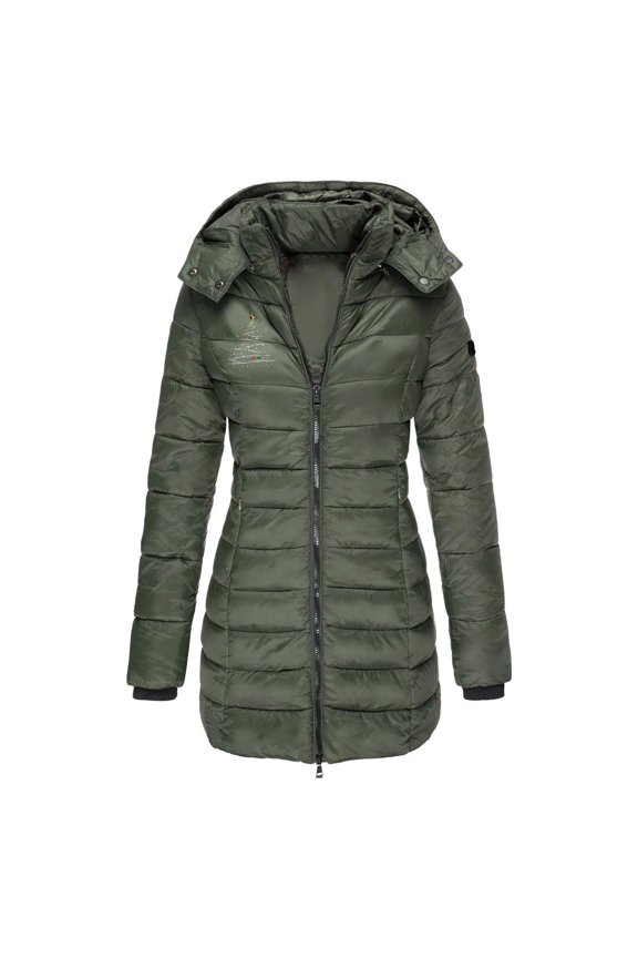 Women's Down Jacket Windproof Puffer Coat Trendy Letter Print Warm Parka Long Puffy Jacket with Detachable Hood Green S