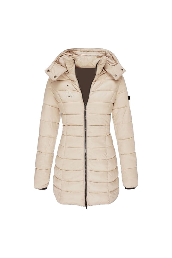 Women's Down Jacket Windproof Puffer Coat Trendy Letter Print Warm Parka Long Puffy Jacket with Detachable Hood Yellow XL