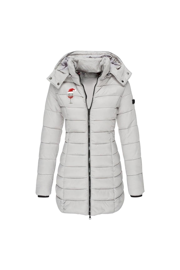 Women's Down Jacket Windproof Puffer Coat Trendy Letter Print Warm Parka Long Puffy Jacket with Hood Gray S