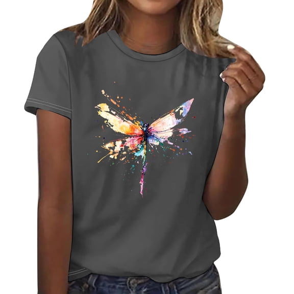 Sexlip Women's Dragonfly Print Short Sleeve T Shirt Cute Design Lightweight Material Daily Casual Wear Gray M