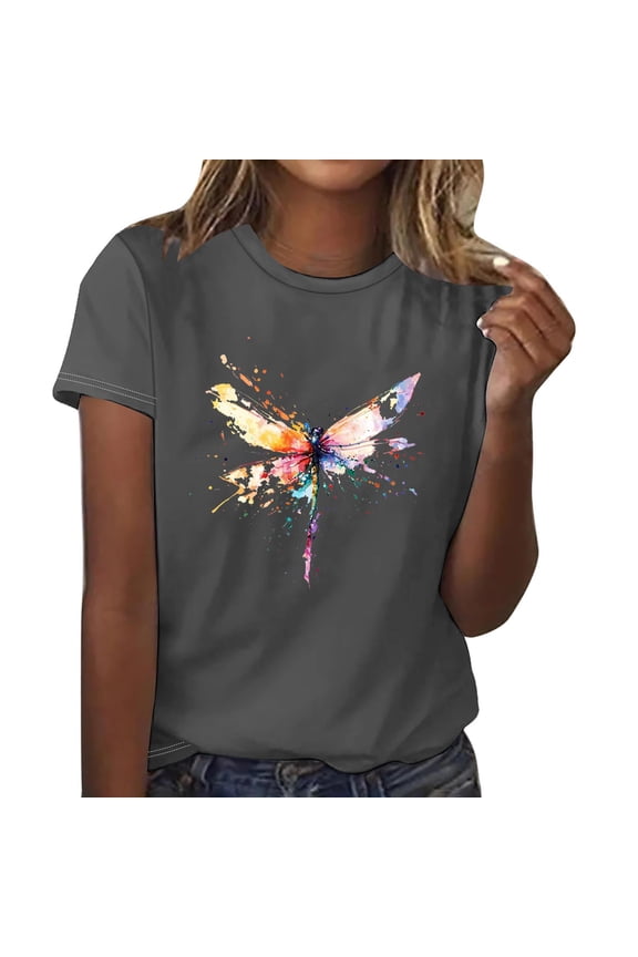 Women's Dragonfly Print Short Sleeve T Shirt Cute Design Lightweight Material Daily Casual Wear Gray M