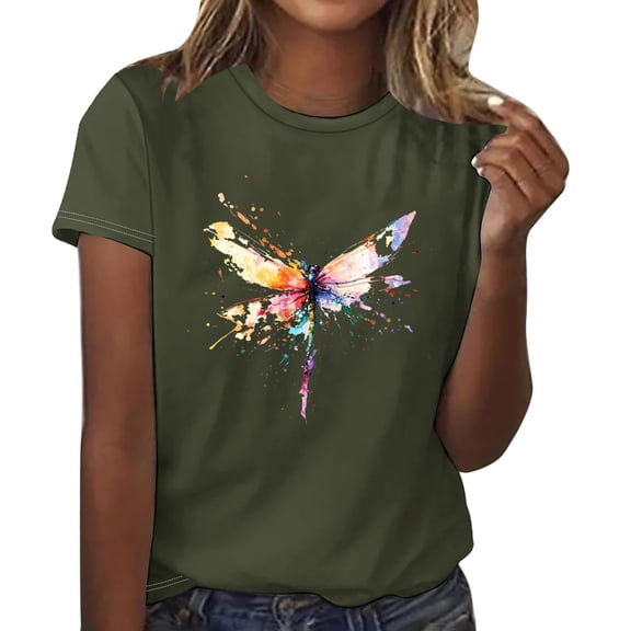 Sexlip Women's Dragonfly Print Short Sleeve T Shirt Cute Design Lightweight Material Daily Casual Wear Green S