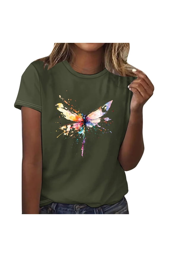 Women's Dragonfly Print Short Sleeve T Shirt Cute Design Lightweight Material Daily Casual Wear Green XXL