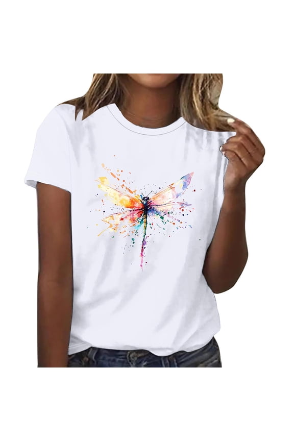 Women's Dragonfly Print Short Sleeve T Shirt Cute Design Lightweight Material Daily Casual Wear White L