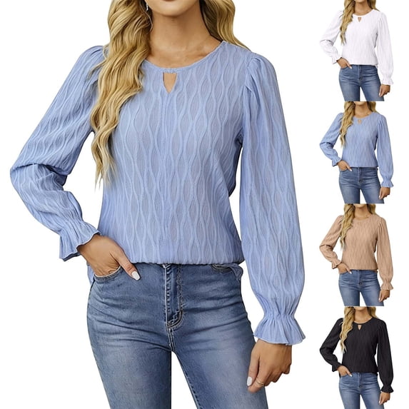 Sexlip Women's Dressy Casual Blouses Long Puff Sleeve Textured Jacquard Business Tops Trendy Crew Neck Keyhole Work Shirts Black L