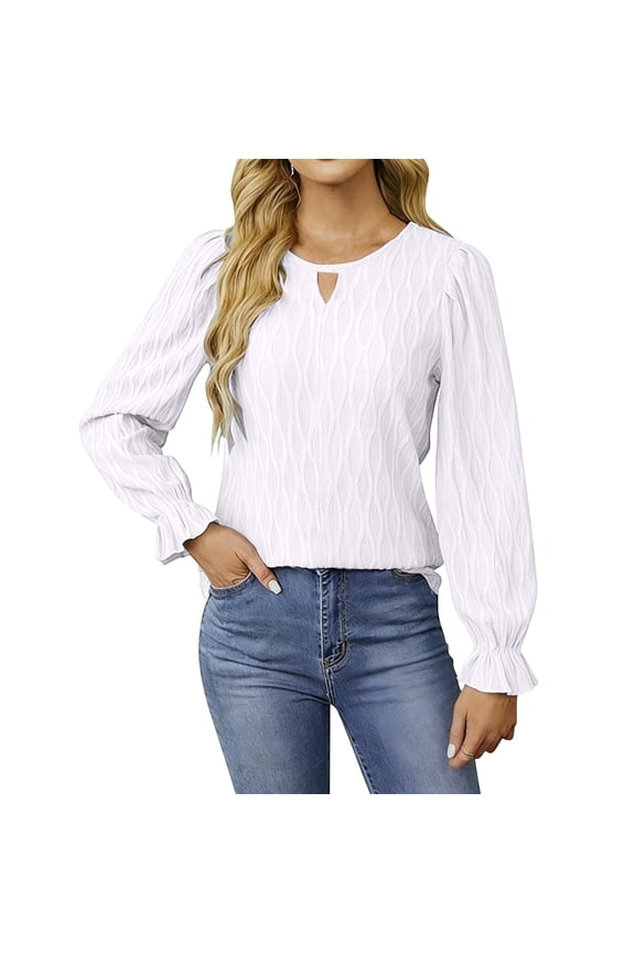 Women's Dressy Casual Blouses Long Puff Sleeve Textured Jacquard Business Tops Trendy Crew Neck Keyhole Work Shirts White M