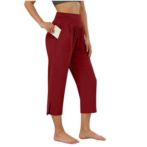 Sexlip Women's Elastic Waist Cropped Pants Loose Soft Casual Lounge Bottoms with Side Pockets Red L