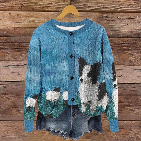 Sexlip Women's Fall Cute Open Front Knit Cardigan Sweater Winter Cozy Casual Loose Fit Button Down Long Sleeve Dog Pattern Print Coat Blue L