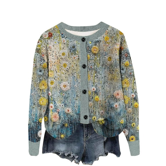 Sexlip Women's Fall Floral Cardigans Sweaters Button Oversized Long Sleeve Open Front Sweaters Plus Size Cozy Coats Tops Outfits Blue S