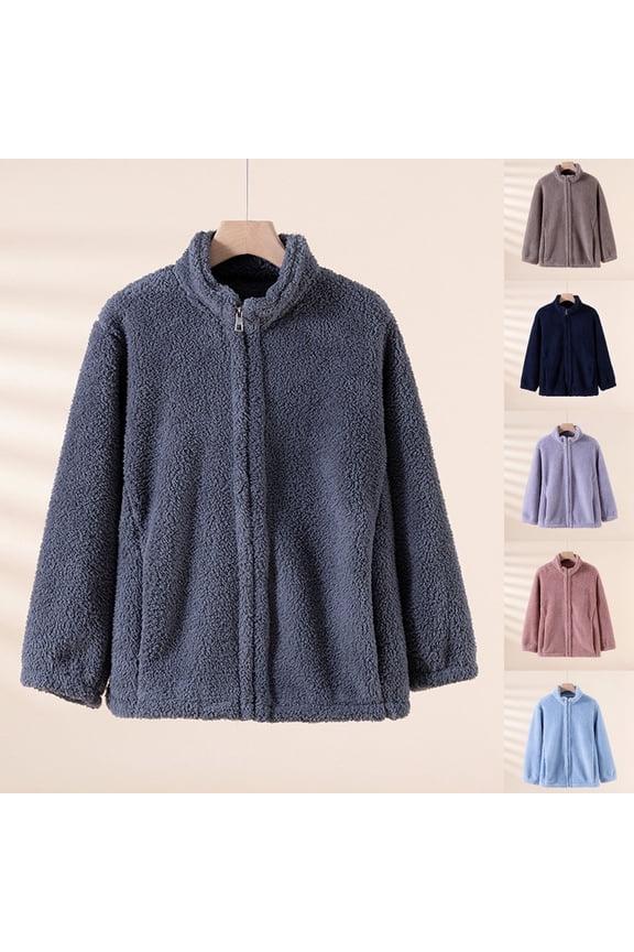 Women's Fall Winter Coat Zip Up Fleece Jacket with Pockets Warm Plush Outwear Stand-Up Collar Cute Tops Brown L
