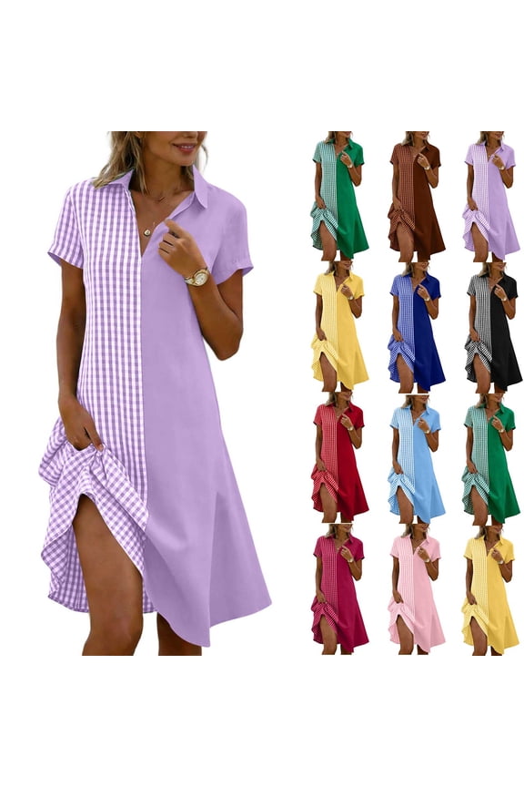 Women's Fashion And Leisure Splicing Short Sleeved V-Neck Loose And Comfortable Dress Black L