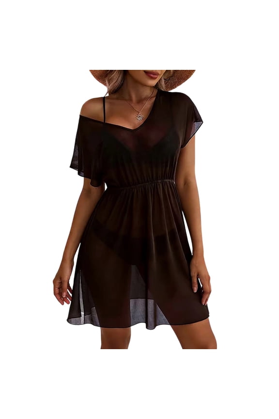 Women's Fashion Casual Vacation V-neck Short-sleeved Fitted Mesh Dress Brown L