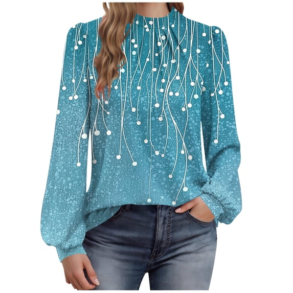 Sexlip Women's Fashion Floral Print Shirts Pleated Crewneck Puff Sleve Shirts Fall Trendy Long Sleeve Tops Blue XXL