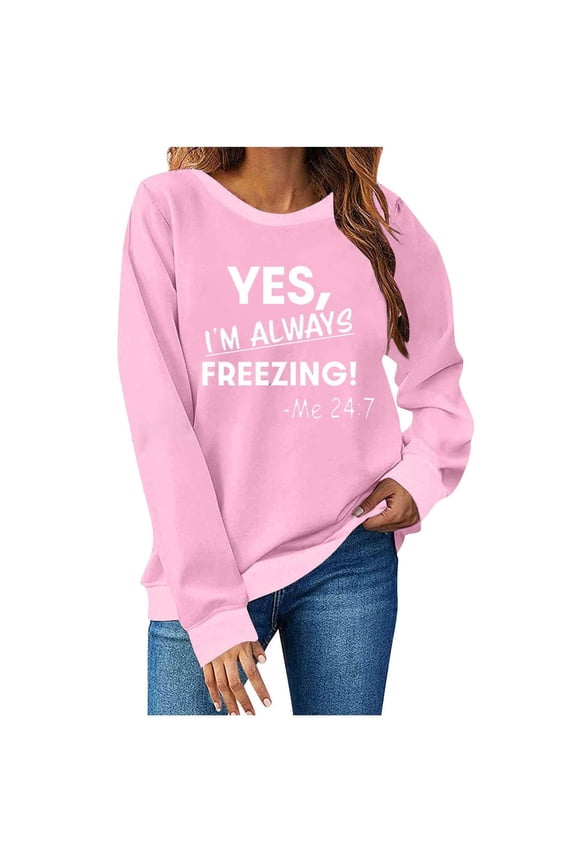Women's Fashion Long Sleeve Round Neck T-Shirt Printing Loose Blouse Hoodless Sweatshirts Pink S
