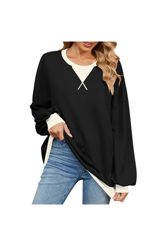 Women's Fashion No-Cap V-Neck Solid Color Long Sleeve Sweatshirt Black S