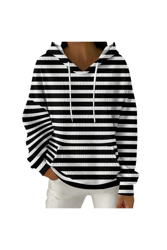 Women's Fashionable Casual Hooded Long-sleeved Printed Pocket Hooded Drawstring Sweatshirt Black XXL